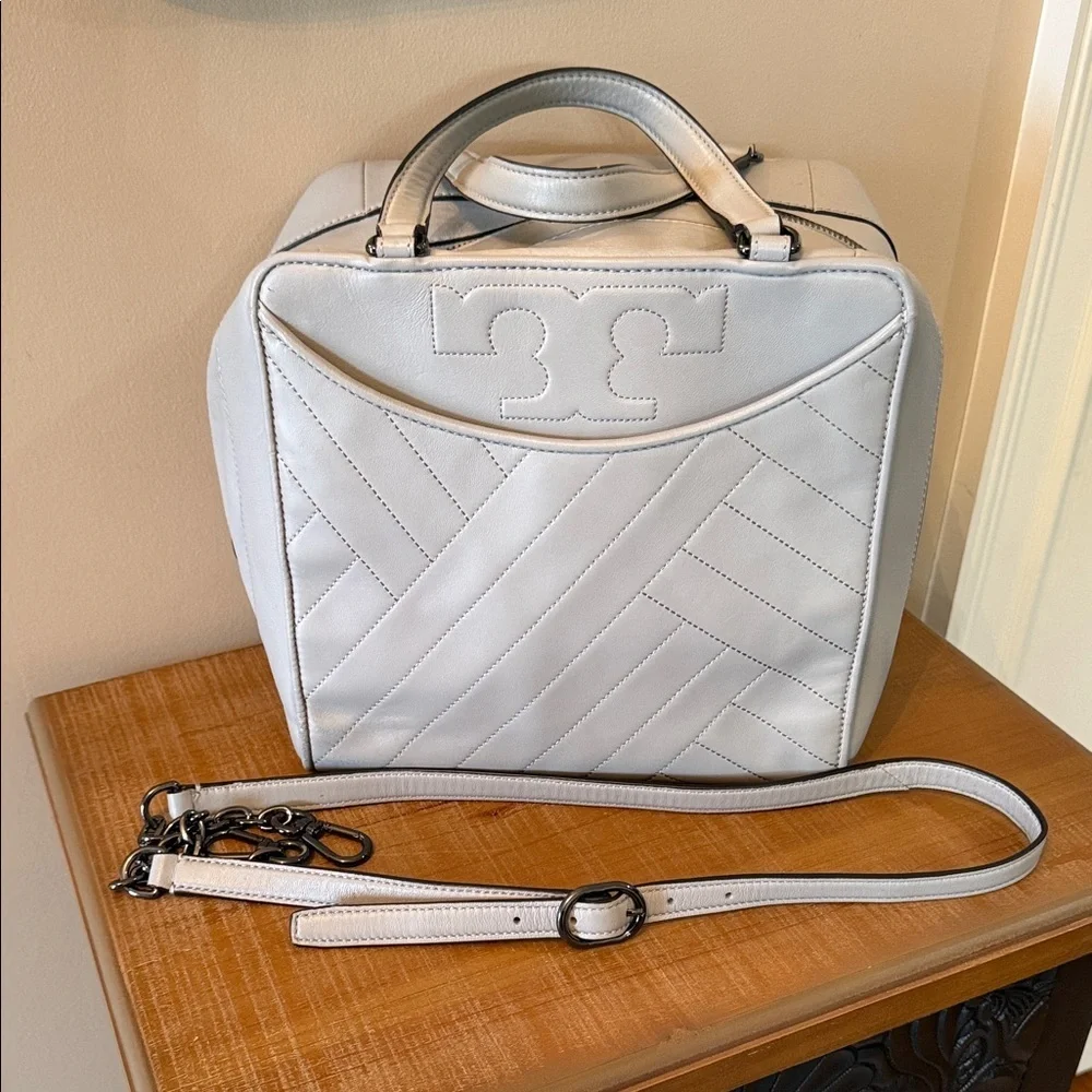 Tory Burch Fleming Satchel Gray Quilted Leather Chain Strap